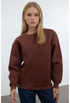 Kadın Basic Kahverengi Oversize Sweatshirt