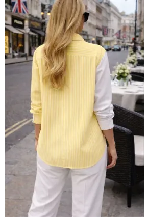 Kadın Baskılı Gömlek Çizgili Bloklu Gömlek Sarı