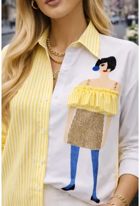 Kadın Baskılı Gömlek Çizgili Bloklu Gömlek Sarı
