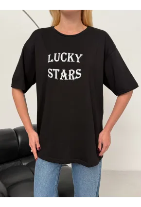 Kadın Baskılı Oversize T-Shirt Siyah