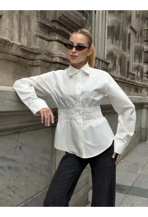 Kadın Bel Büzgülü Uzun Kollu Beyaz Gömlek