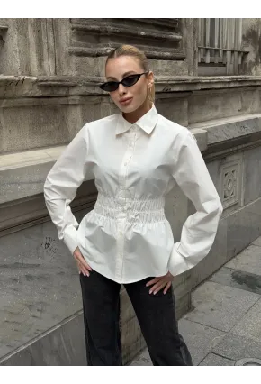 Kadın Bel Büzgülü Uzun Kollu Beyaz Gömlek