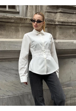 Kadın Bel Büzgülü Uzun Kollu Beyaz Gömlek