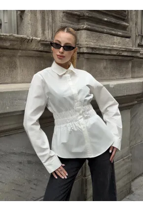 Kadın Bel Büzgülü Uzun Kollu Beyaz Gömlek