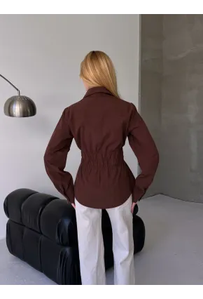 Kadın Bel Büzgülü Uzun Kollu Kahve Gömlek