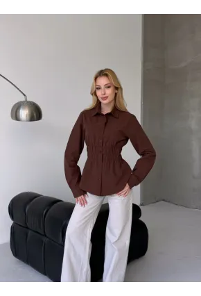 Kadın Bel Büzgülü Uzun Kollu Kahve Gömlek