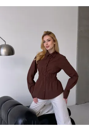 Kadın Bel Büzgülü Uzun Kollu Kahve Gömlek