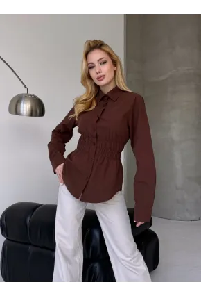 Kadın Bel Büzgülü Uzun Kollu Kahve Gömlek