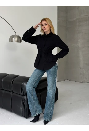 Kadın Bel Büzgülü Uzun Kollu Siyah Gömlek