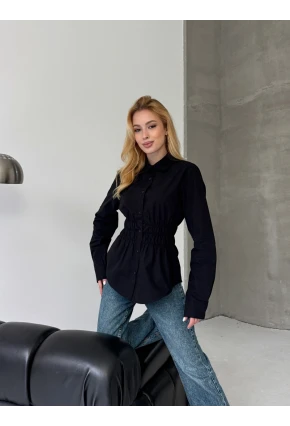 Kadın Bel Büzgülü Uzun Kollu Siyah Gömlek