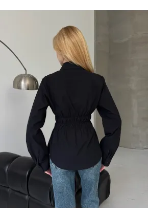 Kadın Bel Büzgülü Uzun Kollu Siyah Gömlek