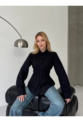 Kadın Bel Büzgülü Uzun Kollu Siyah Gömlek