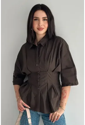 Kadın Bel Formlu Gömlek – Düğmeli Yarım Kol Şık Gömlek