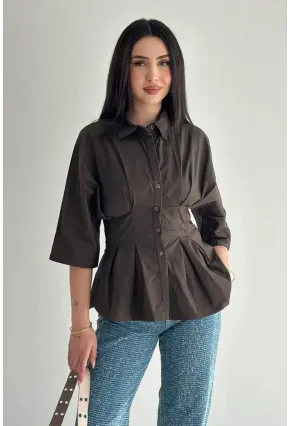 Kadın Bel Formlu Gömlek – Düğmeli Yarım Kol Şık Gömlek