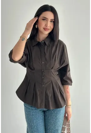 Kadın Bel Formlu Gömlek – Düğmeli Yarım Kol Şık Gömlek
