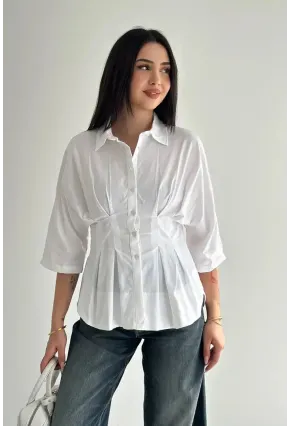 Kadın Bel Formlu Gömlek – Düğmeli Yarım Kol Şık Gömlek Beyaz