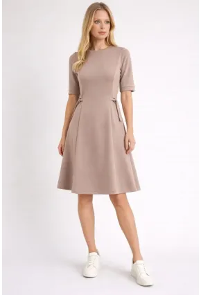 Kadın Bel Toka Detay Modal Kumaş Midiboy Elbise Bej