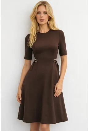 Kadın Bel Toka Detay Modal Kumaş Midiboy Elbise Kahve