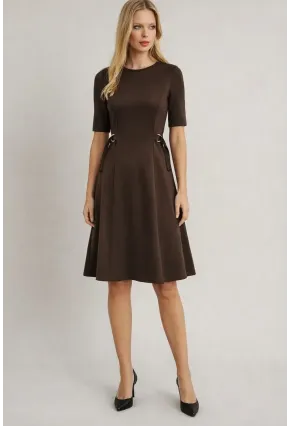 Kadın Bel Toka Detay Modal Kumaş Midiboy Elbise Kahve
