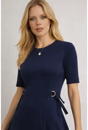 Kadın Bel Toka Detay Modal Kumaş Midiboy Elbise Lacivert