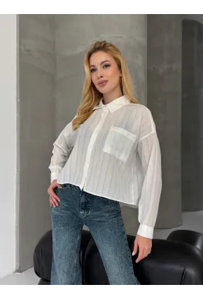 Kadın Beyaz Çizgili Salaş Gömlek