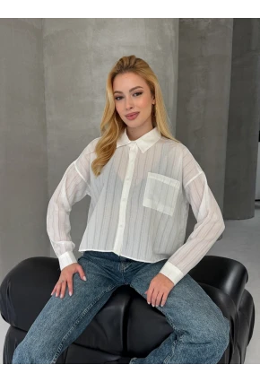 Kadın Beyaz Çizgili Salaş Gömlek