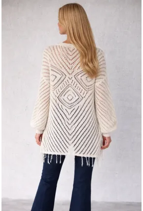 Kadın Beyaz Örgü Hırka Püskül ve Elmas Desen Detaylı