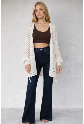 Kadın Beyaz Örgü Hırka Püskül ve Elmas Desen Detaylı