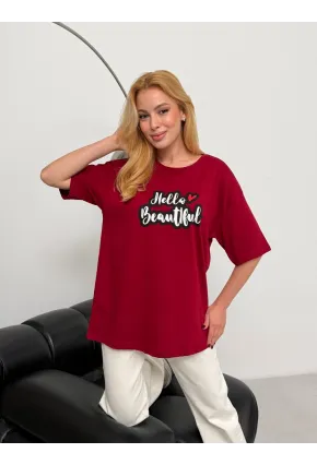 Kadın Bordo Baskılı Oversize T-Shirt