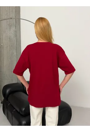 Kadın Bordo Baskılı Oversize T-Shirt