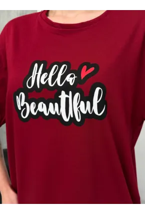 Kadın Bordo Baskılı Oversize T-Shirt