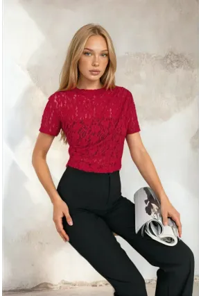 Kadın Bordo Dantel Kısa Kollu Bluz