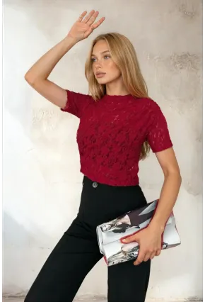 Kadın Bordo Dantel Kısa Kollu Bluz