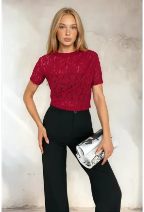 Kadın Bordo Dantel Kısa Kollu Bluz