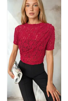 Kadın Bordo Dantel Kısa Kollu Bluz