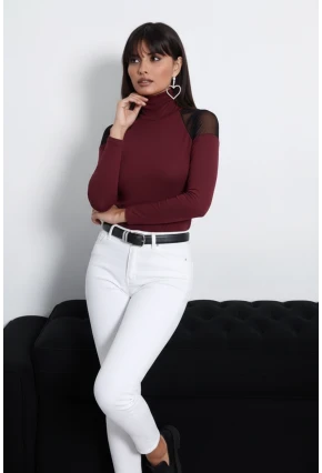 Kadın Bordo Omuzları Tül Bluz TZ2075