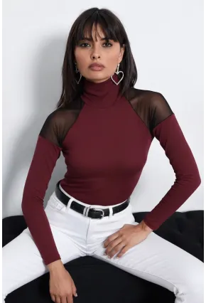 Kadın Bordo Omuzları Tül Bluz TZ2075