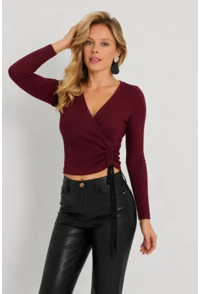 Kadın Bordo Önü Büzülebilir Kruvaze Kaşkorse Bluz