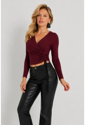 Kadın Bordo Önü Büzülebilir Kruvaze Kaşkorse Bluz