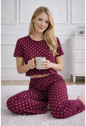 Kadın Bordo Puantiye Desenli Alt Üst Pijama Takımı - Ev Giyimi