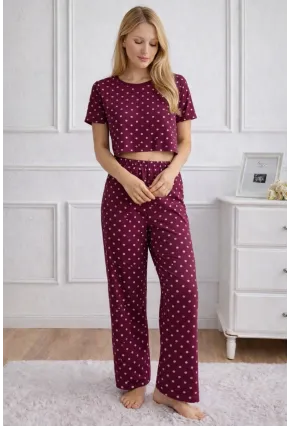 Kadın Bordo Puantiye Desenli Alt Üst Pijama Takımı - Ev Giyimi