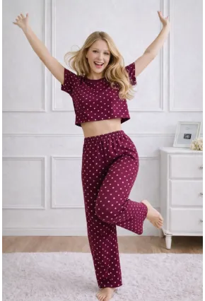 Kadın Bordo Puantiye Desenli Alt Üst Pijama Takımı - Ev Giyimi