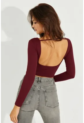 Kadın Bordo Sırtı Açık Crop Bluz CY430