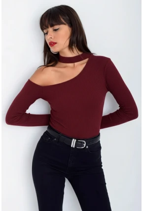 Kadın Bordo Tek Omuz Kaşkorse Bluz CG53