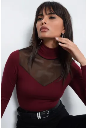 Kadın Bordo Üstü Tül Bluz TZ20751