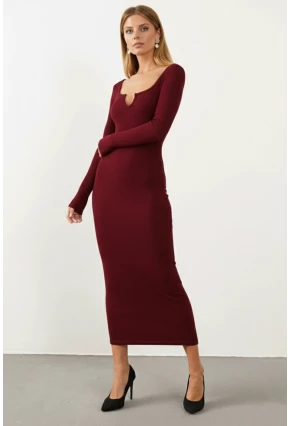 Kadın Bordo V Yaka Maxi Kaşkorse Elbise EY1086
