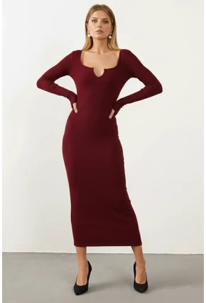 Kadın Bordo V Yaka Maxi Kaşkorse Elbise EY1086
