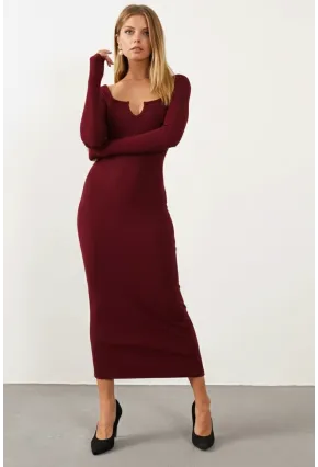 Kadın Bordo V Yaka Maxi Kaşkorse Elbise EY1086
