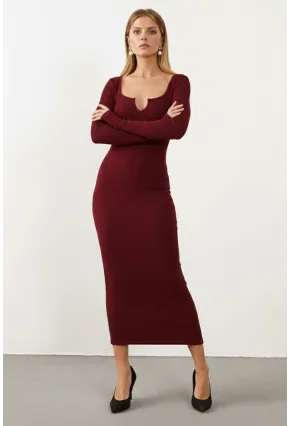 Kadın Bordo V Yaka Maxi Kaşkorse Elbise EY1086