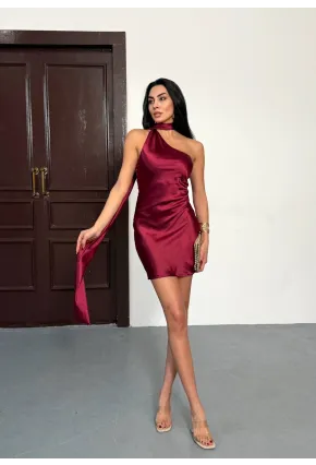 Kadın Boyun Detay Saten Mini Elbise Kırmızı
